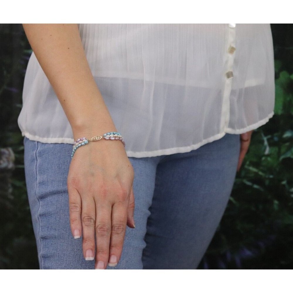 14k Yellow Gold Freshwater Natural Purple, White, Blue, Baroque Pearls 3 Strand - Picture 4 of 9